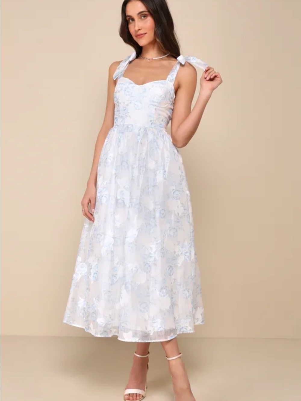 Lulu's White Midi Dress with Light Blue Floral Tie-Straps